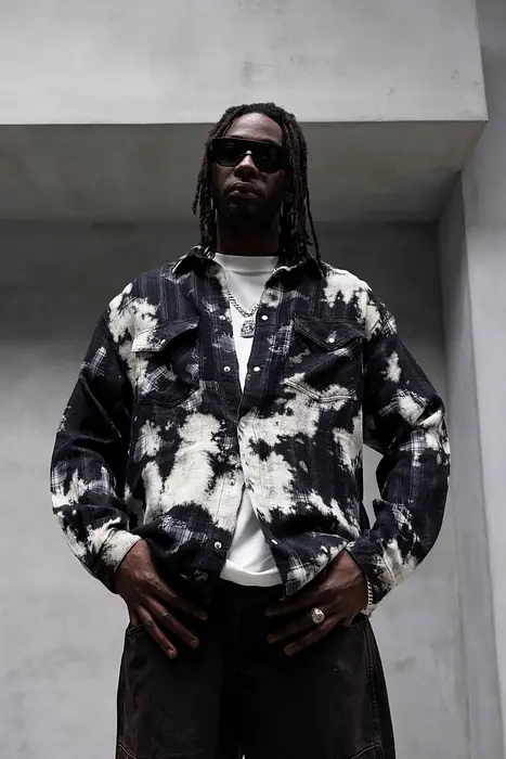 Black Island Черна/Кремава риза на каре с ефект тай-дай