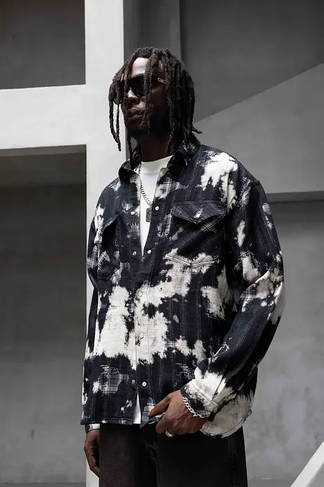 Black Island Черна/Кремава риза на каре с ефект тай-дай | 2