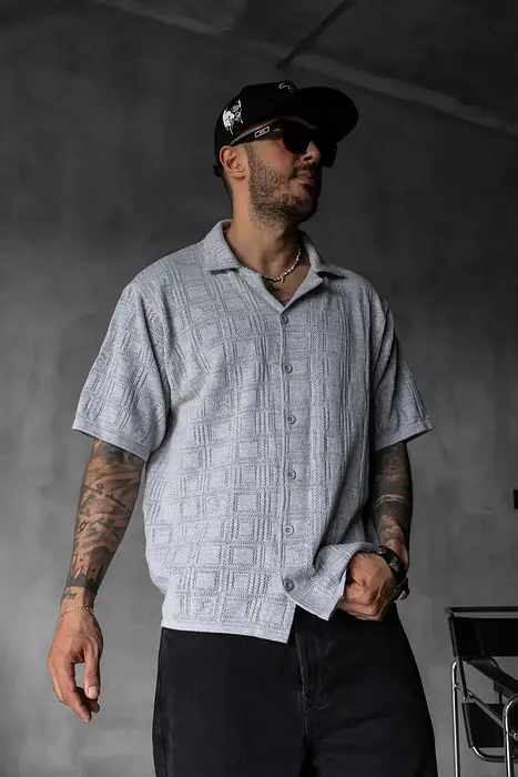 Black Island Риза с геометрично плетиво - сива | 2