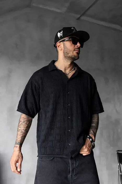 Black Island Риза с геометрично плетиво - Черен