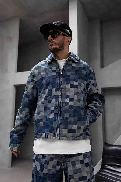 Black Island Синьо дънково яке с кариран десен